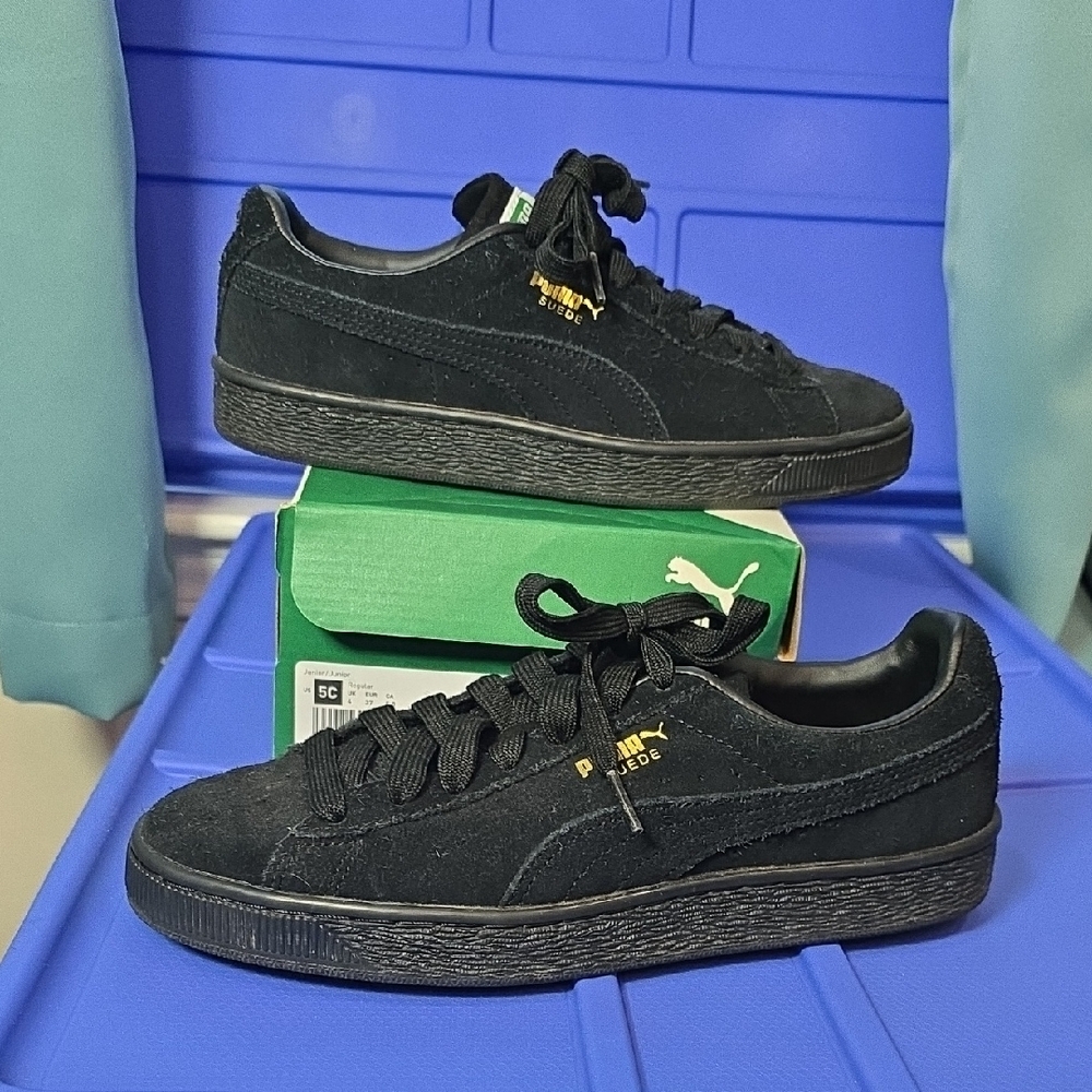 Puma Black Suade Sneakers with Gold Highlights Youth Size 5